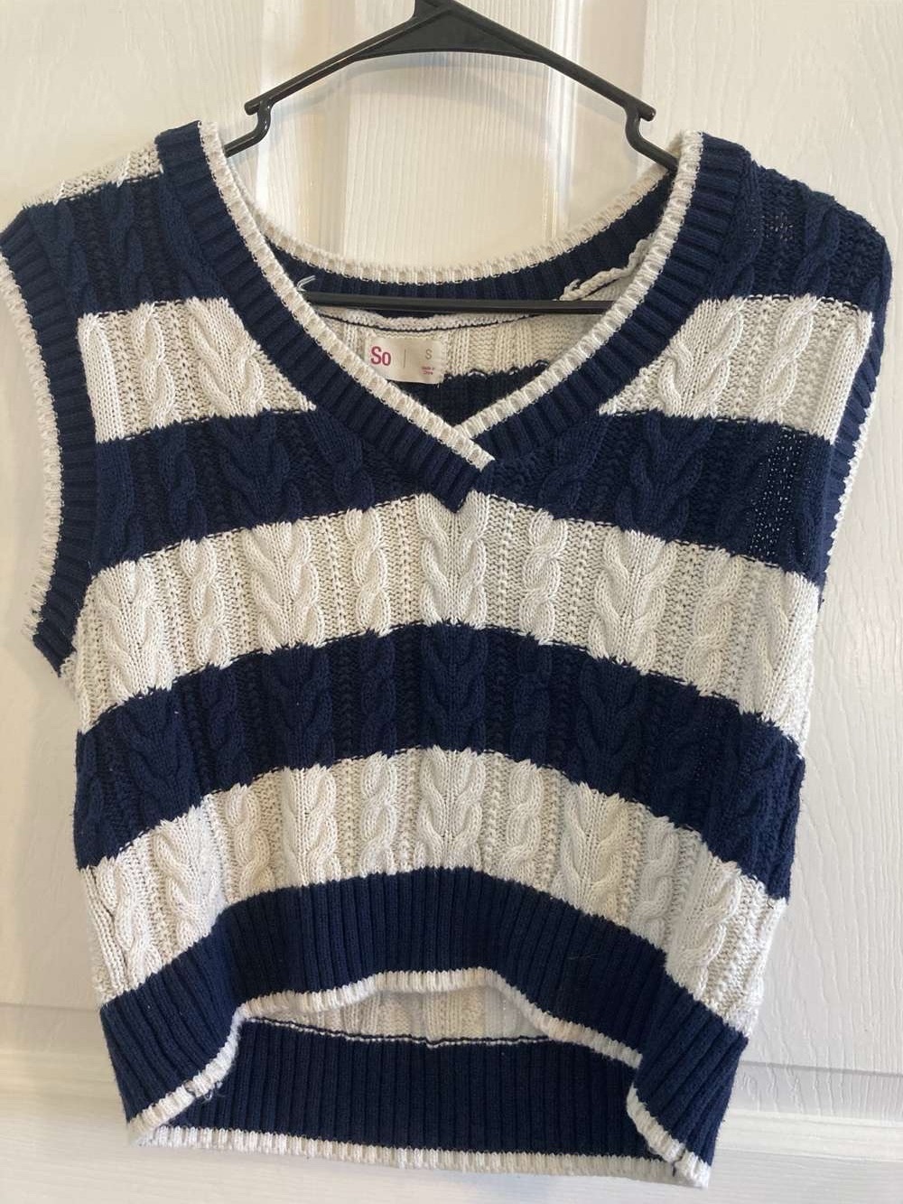 SO Navy and White Striped Cable-Knit V-Neck Sweater Vest